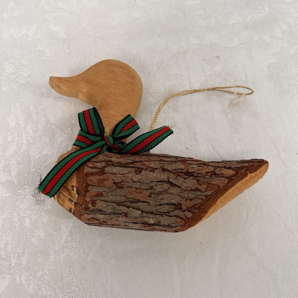 Wood Hand Made Carved Duck Bark Christmas Ornament Brown w/ Red Green Ribbon